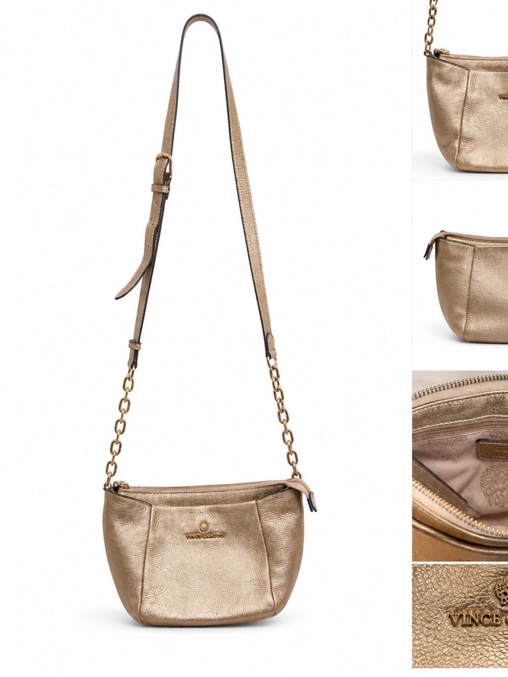 Vince Camuto Kelby  Metallic Gold Soft Leather Chain-Strap Crossbody Bag